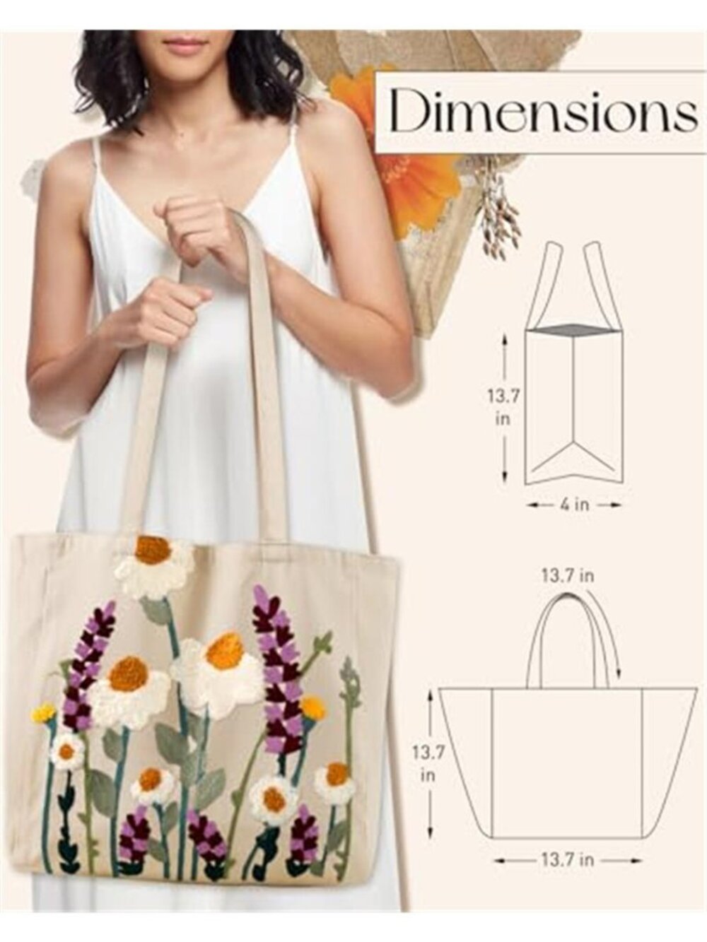 Miss Adola Embroidered Daisy Canvas Tote Bag Reusable Floral Shoulder Bag - Picture 2 of 6